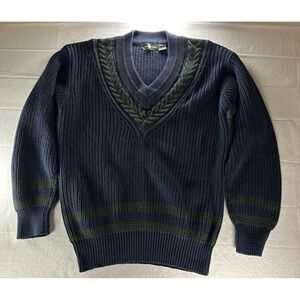 VTG 1990s Hunt Club V-Neck Cable Knit Sweater Mens Medium Navy Chunky Knit Crew
